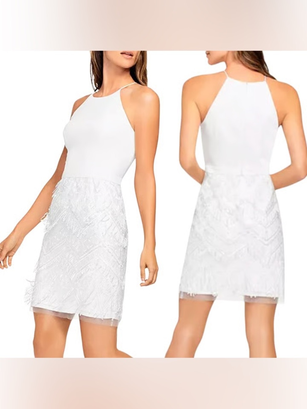 Aidan Mattox White Halter Feather-Embellished Mini Dress